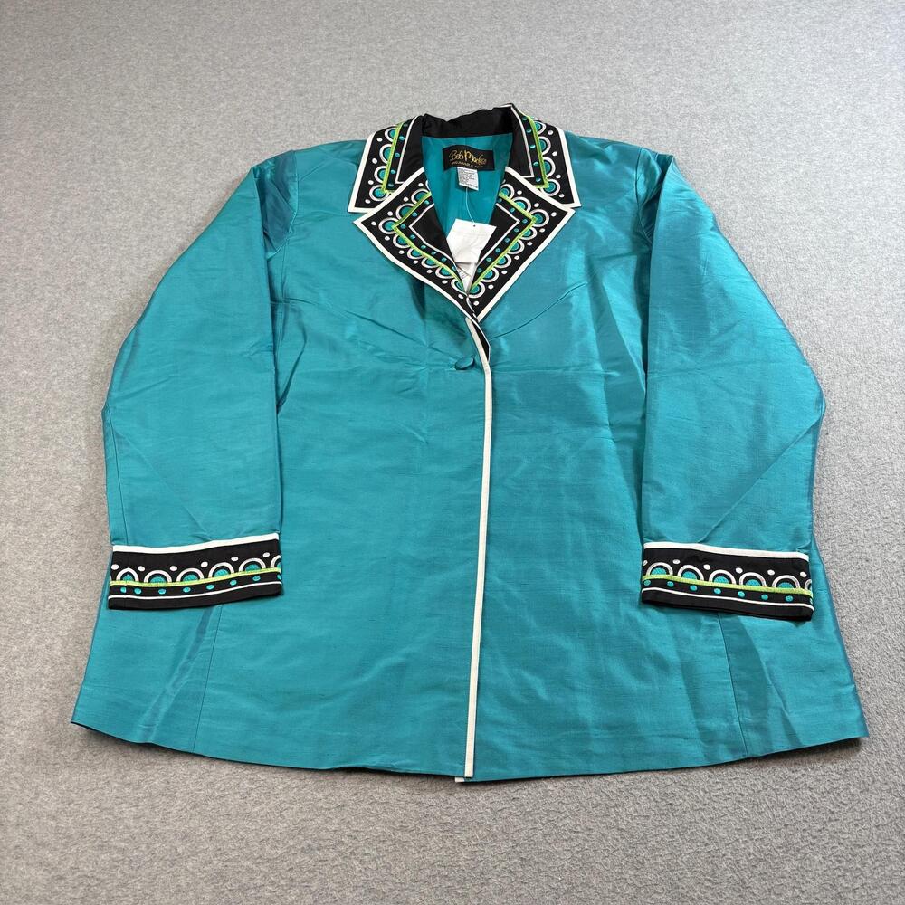 Bob Mackie Silk Jacket Womens XL Blue Embroidered Blazer Art To Wear Lagenlook